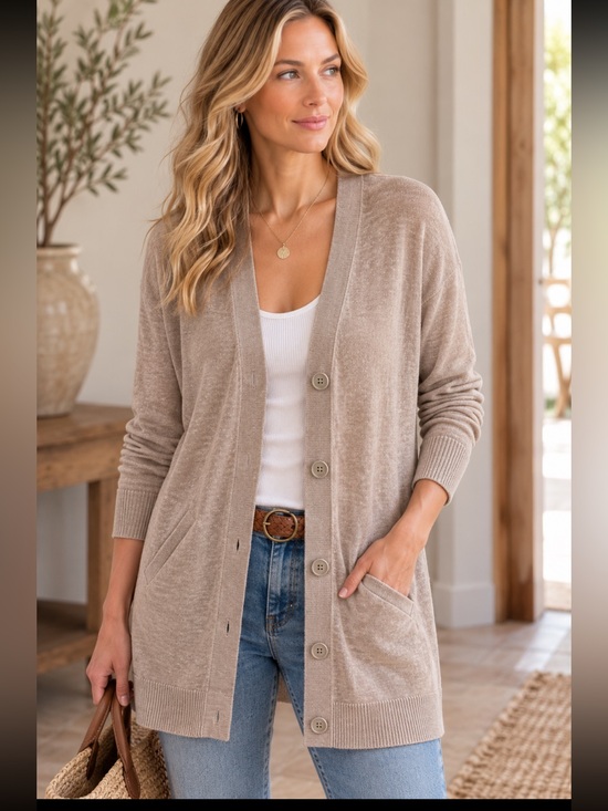 Garnet Hill Sweaters - Garnet Hill Sz L 100% Linen Beige Button Down Cardigan Pockets Quite Luxury
